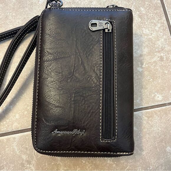 American Bling Embroidered Aztec Phone Wallet/Crossbody Dark Brown Turquoise - Picture 6 of 12